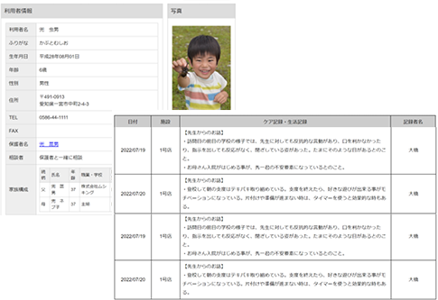 自社内の児童発達支援や放課後等デイサービスと連携利用者の支援状況や留意事項をスムーズに確認できます